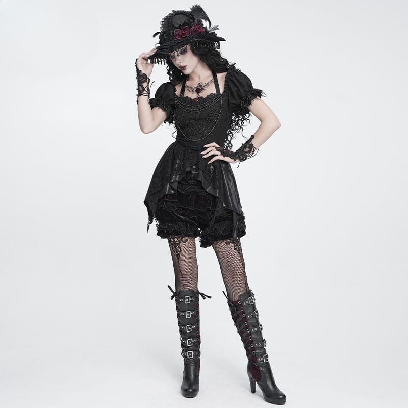 DEVIL FASHION Women's Gothic Multi-Layer Beaded Ruffle Velvet Shorts Black-Red