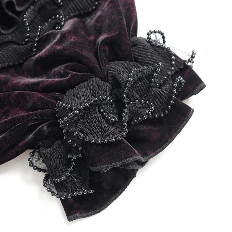 DEVIL FASHION Women's Gothic Multi-Layer Beaded Ruffle Velvet Shorts Black-Red
