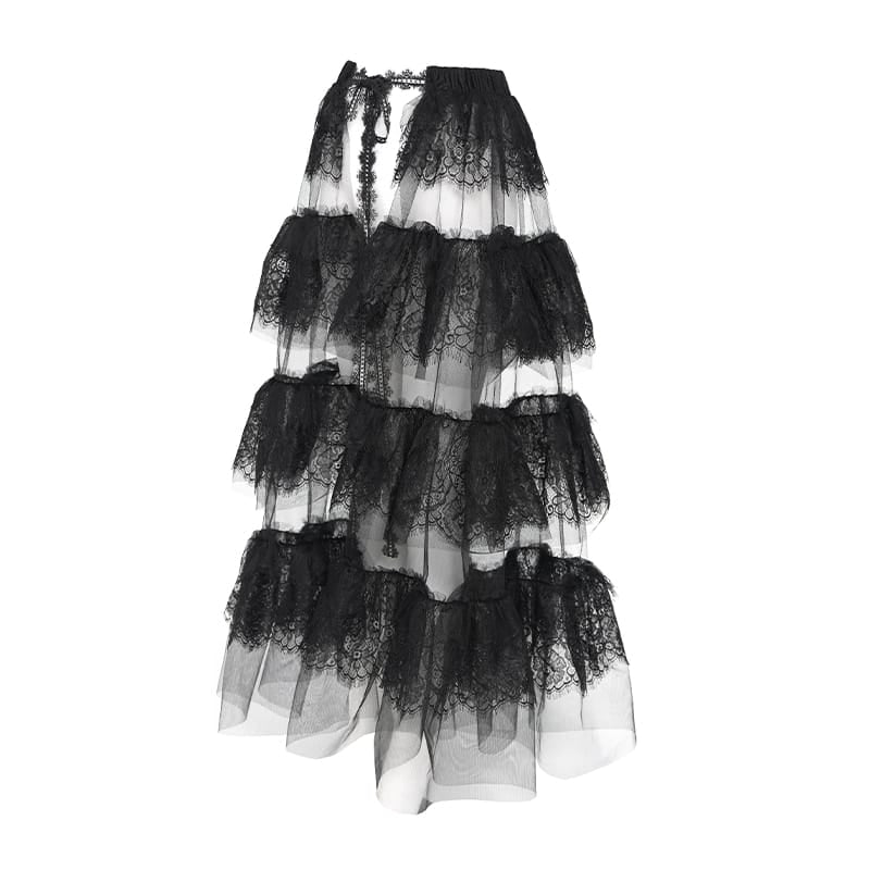 DEVIL FASHION Women's Gothic Multilayer Floral Lace Mesh Maxi Skirt