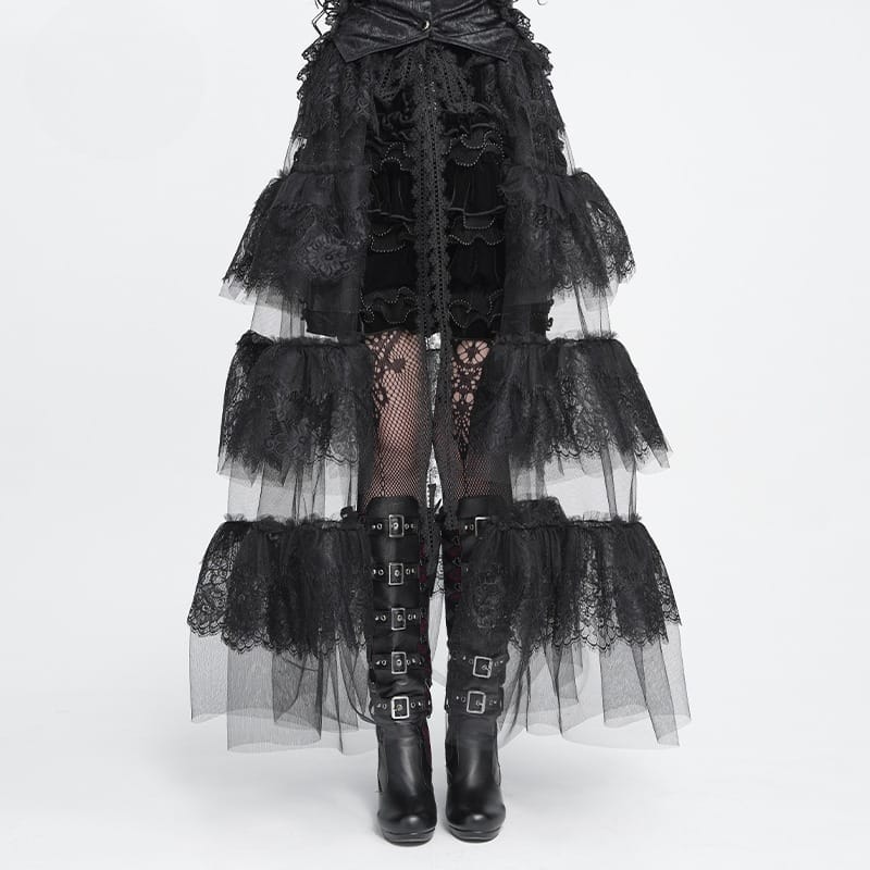 DEVIL FASHION Women's Gothic Multilayer Floral Lace Mesh Maxi Skirt