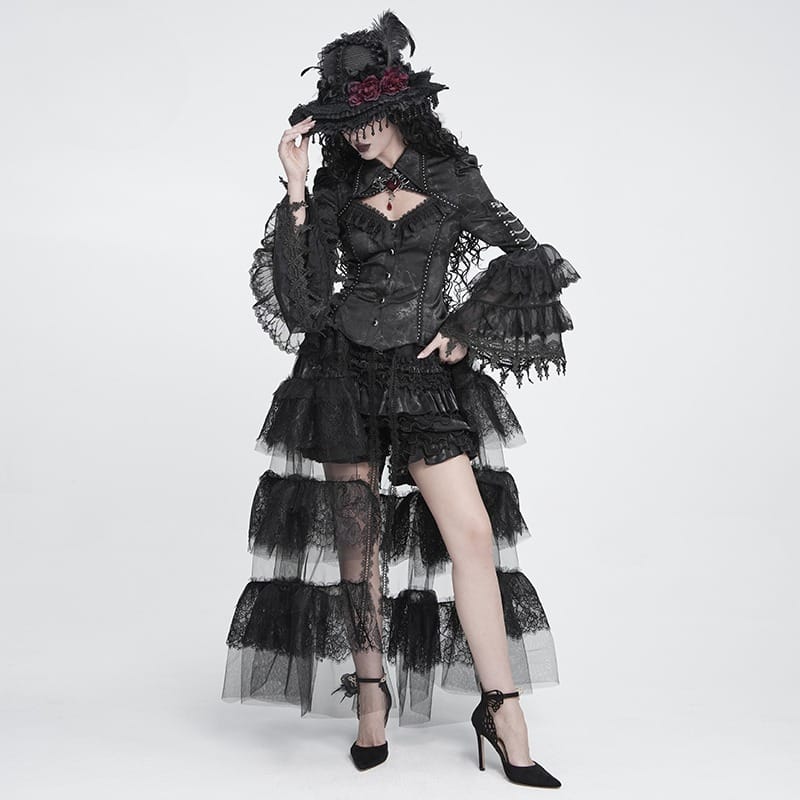 DEVIL FASHION Women's Gothic Multilayer Floral Lace Mesh Maxi Skirt