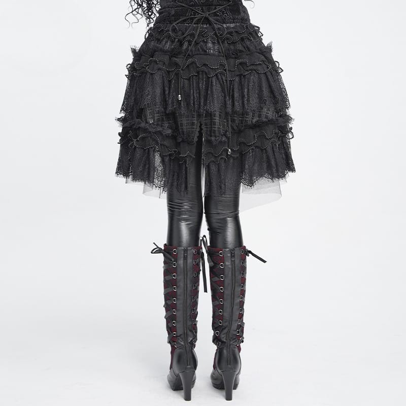 DEVIL FASHION Women's Gothic Multilayer Ruffle Lace Mesh Mini Skirt