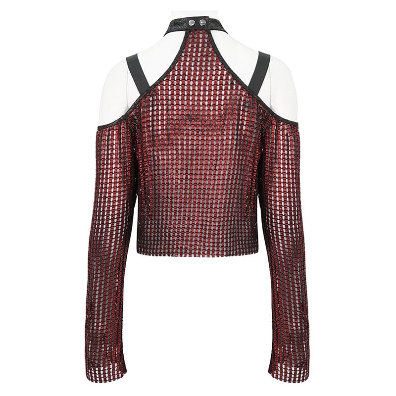 DEVIL FASHION Women's Gothic Off Shoulder Buckle Sheer Crop Top Red