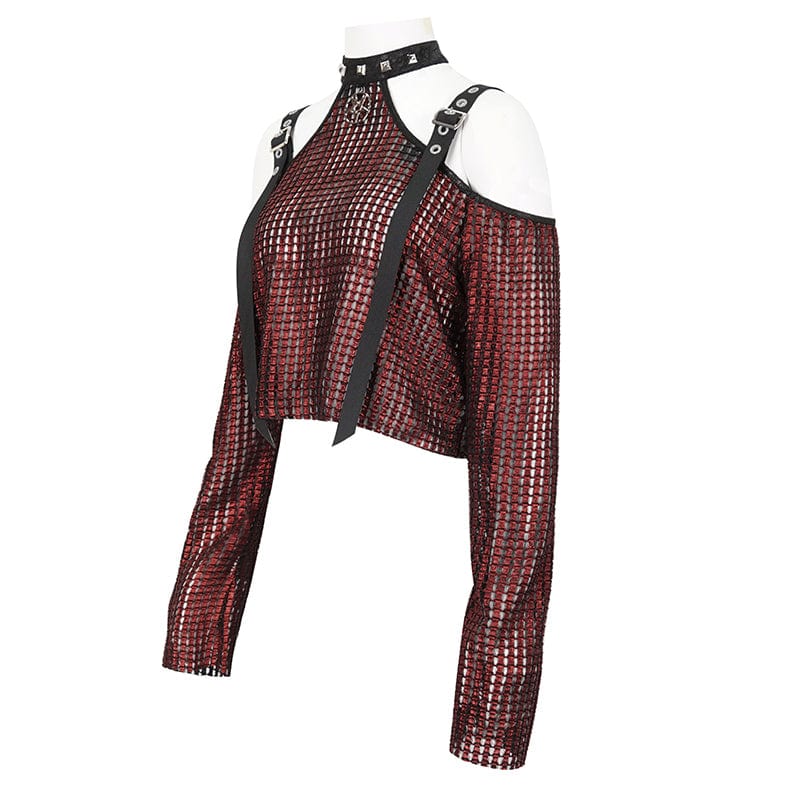 DEVIL FASHION Women's Gothic Off Shoulder Buckle Sheer Crop Top Red