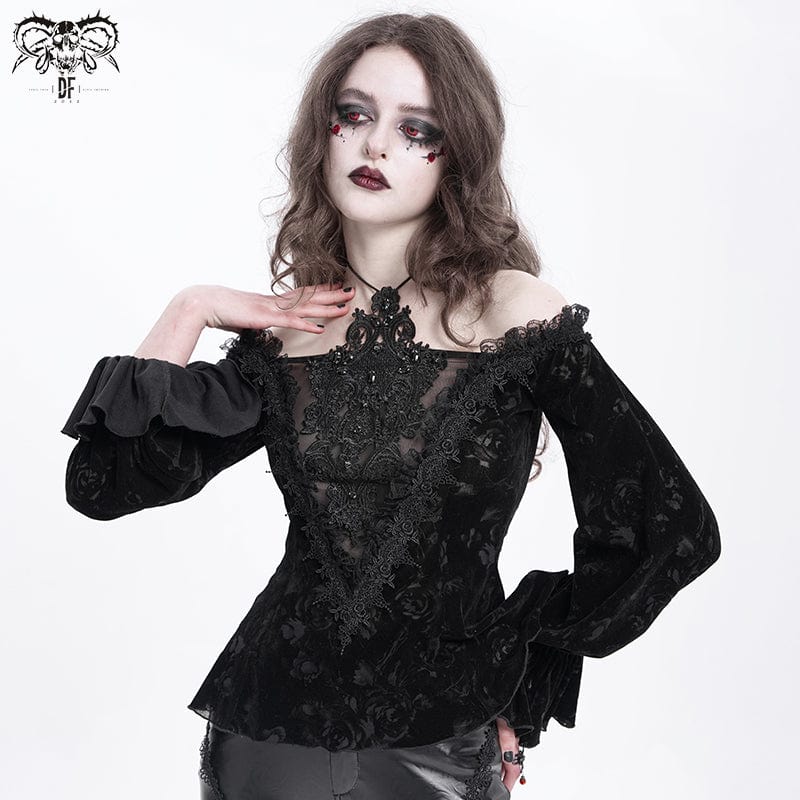 DEVIL FASHION Women's Gothic Off-the-shoulder Flocking Velvet Shirt