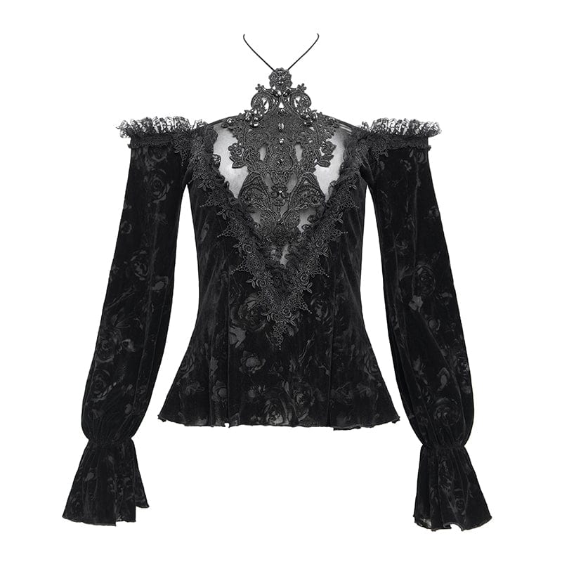 DEVIL FASHION Women's Gothic Off-the-shoulder Flocking Velvet Shirt