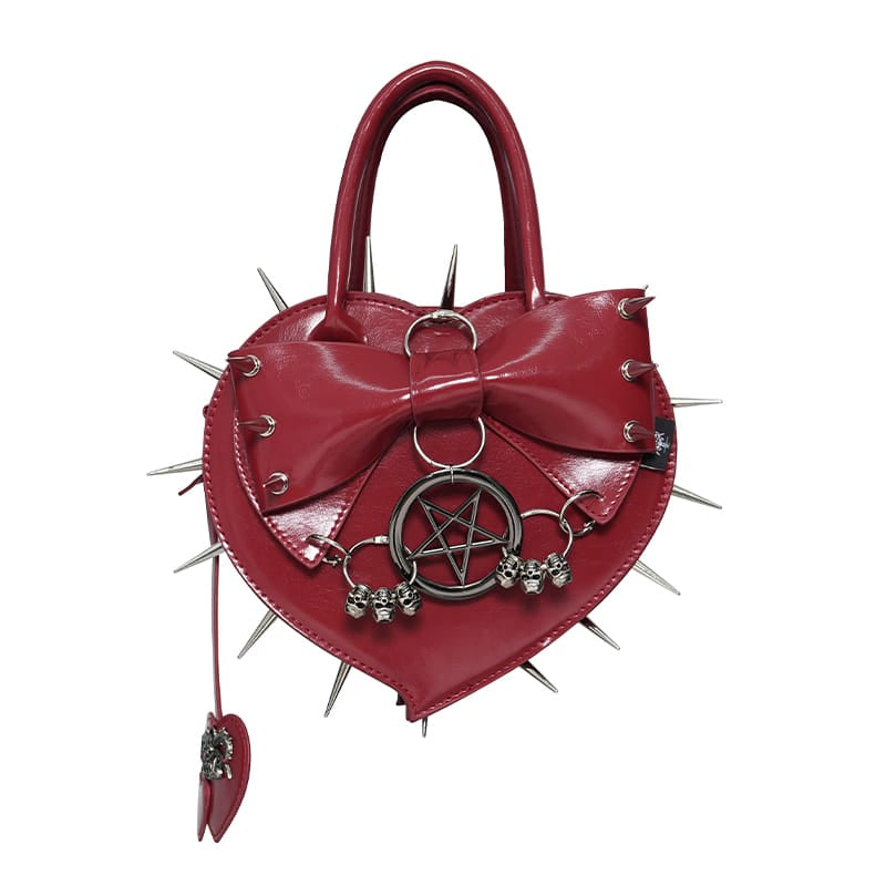 DEVIL FASHION Women's Gothic Pentacle Spiked Heart-Shaped Handbag Red
