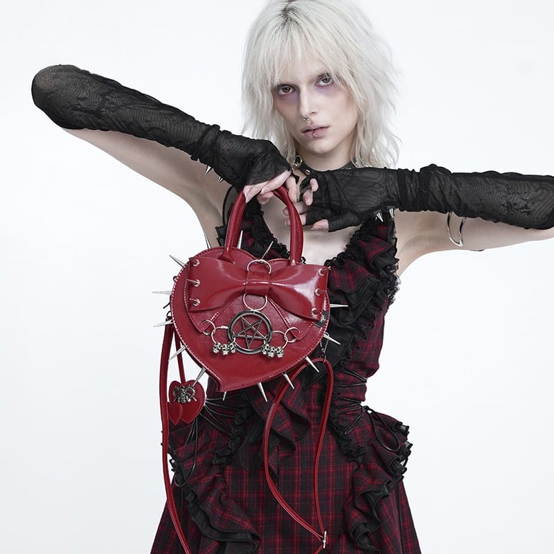 DEVIL FASHION Women's Gothic Pentacle Spiked Heart-Shaped Handbag Red