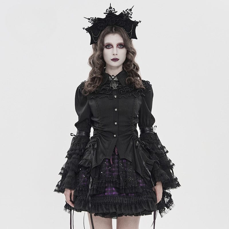 DEVIL FASHION Women's Gothic Pinstripe Drawstring Flared Sleeved Shirt Black