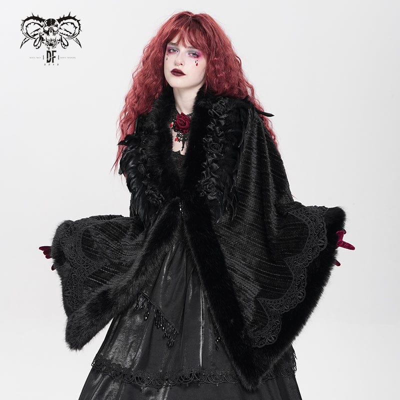 DEVIL FASHION Women's Gothic Plumed Floral Embroidered Cape