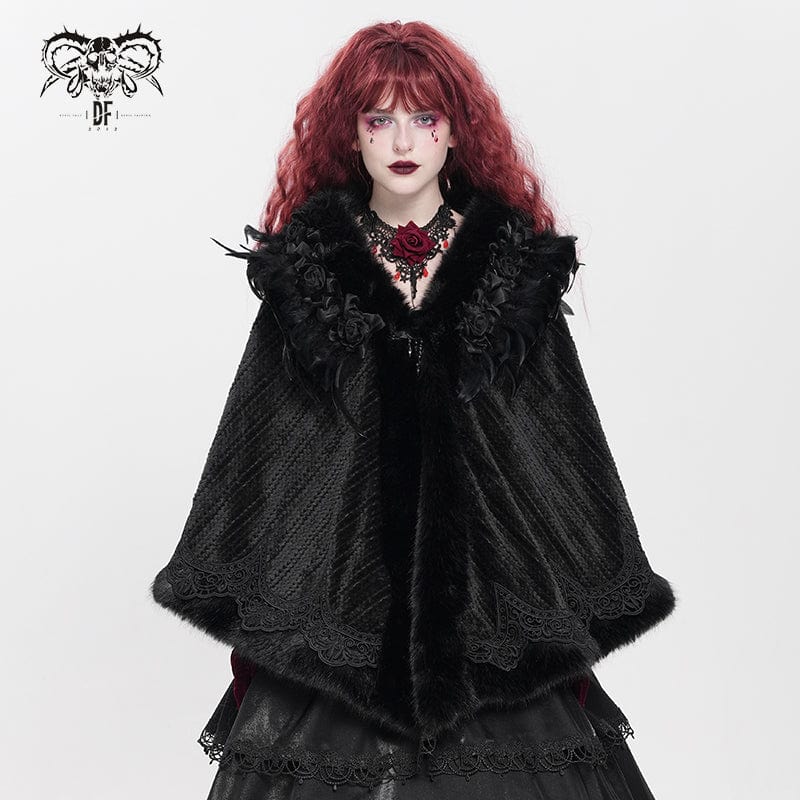 DEVIL FASHION Women's Gothic Plumed Floral Embroidered Cape