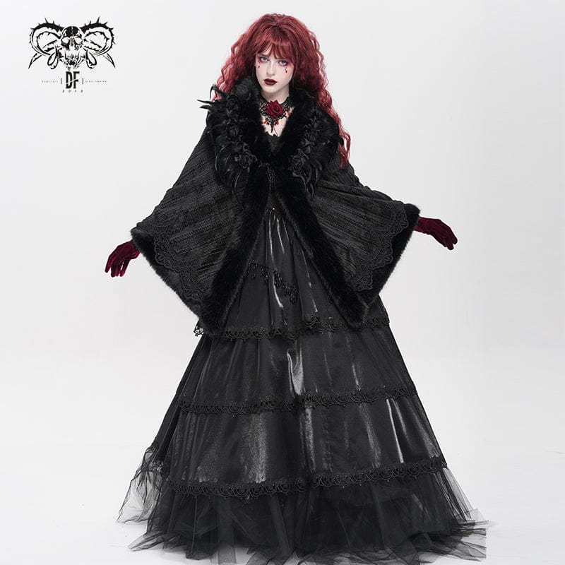 DEVIL FASHION Women's Gothic Plumed Floral Embroidered Cape