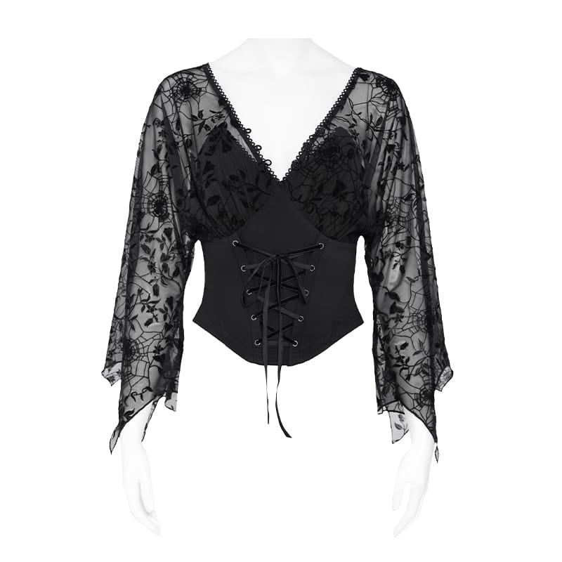 DEVIL FASHION Women's Gothic Plunging V-Neck Floral Mesh Bell Sleeve Top