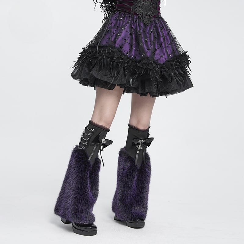 DEVIL FASHION Women's Gothic Plush Chains Leg Warmers Black-Purple