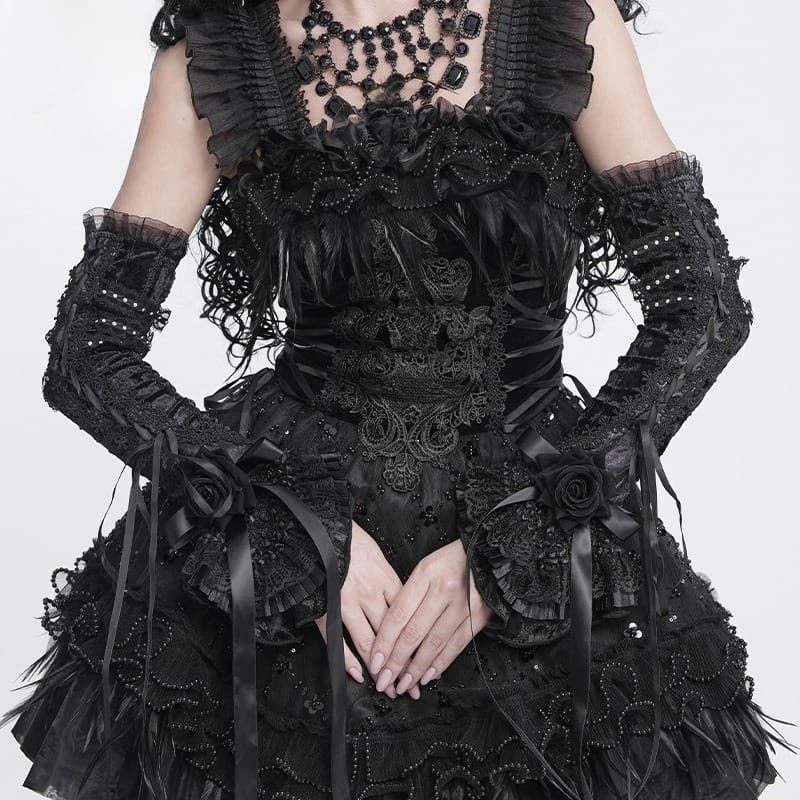 DEVIL FASHION Women's Gothic Rose Bowknot Lace-up Arm Sleeves Black