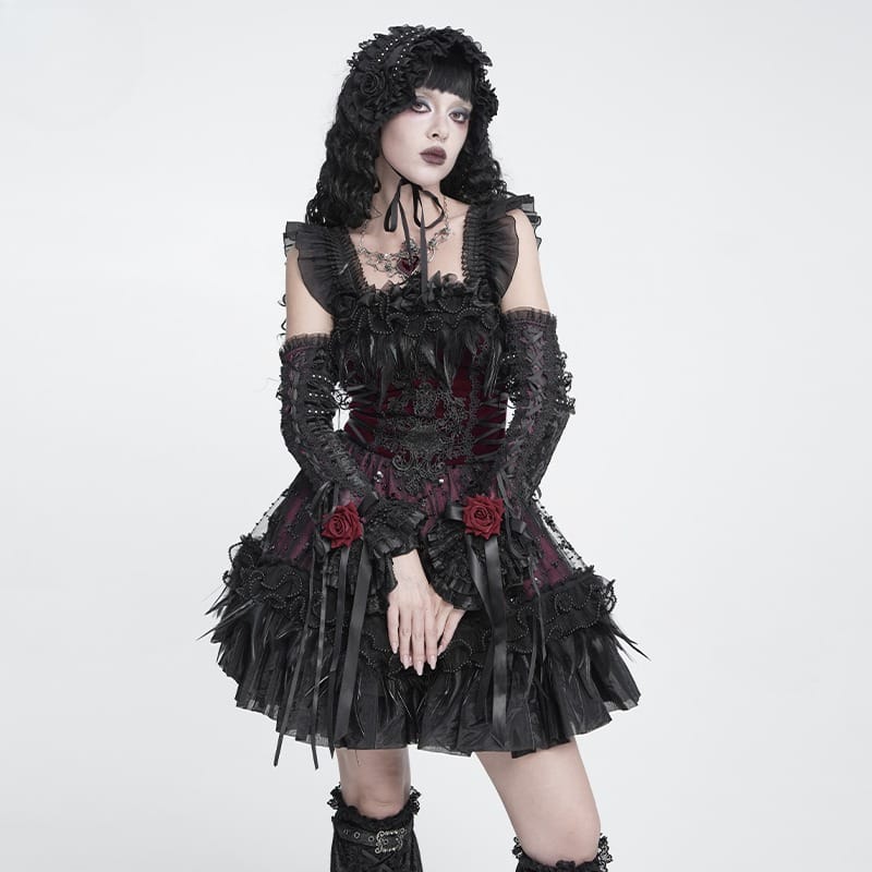 DEVIL FASHION Women's Gothic Rose Bowknot Lace-up Arm Sleeves Black-Red