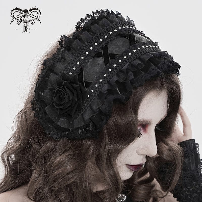 DEVIL FASHION Women's Gothic Rose Lace Ruffled Headwear Black