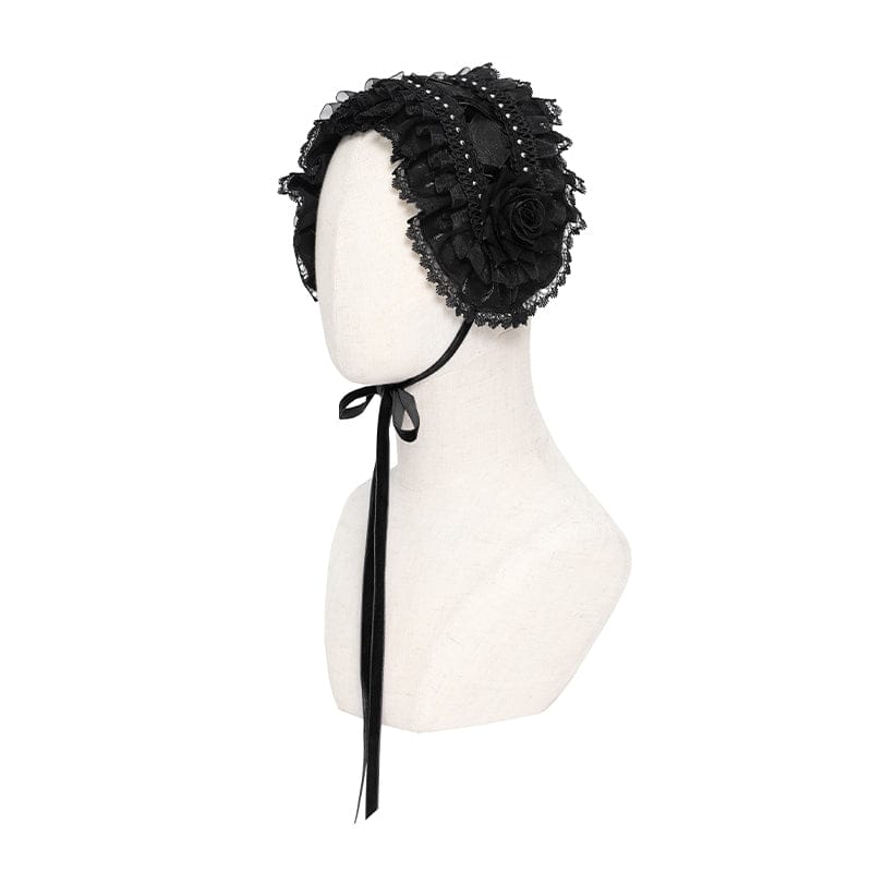 DEVIL FASHION Women's Gothic Rose Lace Ruffled Headwear Black