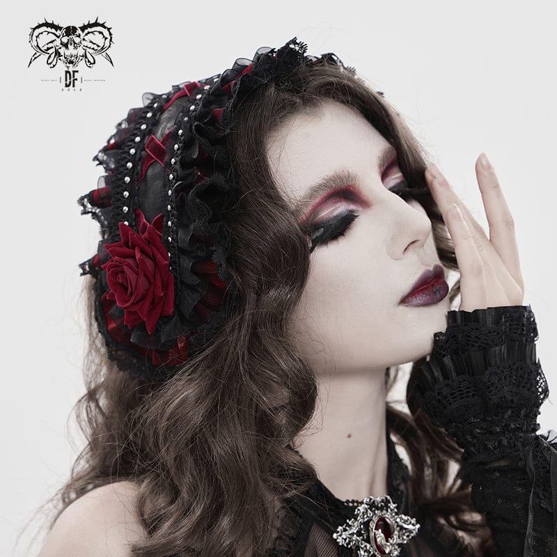DEVIL FASHION Women's Gothic Rose Lace Ruffled Headwear Black-Red