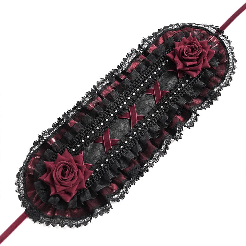 DEVIL FASHION Women's Gothic Rose Lace Ruffled Headwear Black-Red