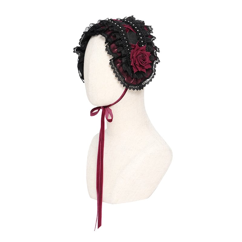 DEVIL FASHION Women's Gothic Rose Lace Ruffled Headwear Black-Red