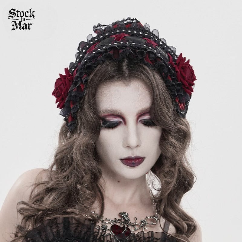 DEVIL FASHION Women's Gothic Rose Lace Ruffled Headwear Black-Red