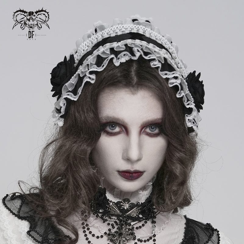 DEVIL FASHION Women's Gothic Rose Lace Ruffled Headwear Black-White