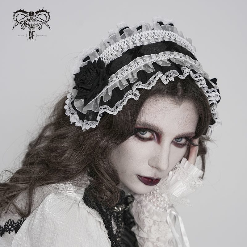 DEVIL FASHION Women's Gothic Rose Lace Ruffled Headwear Black-White