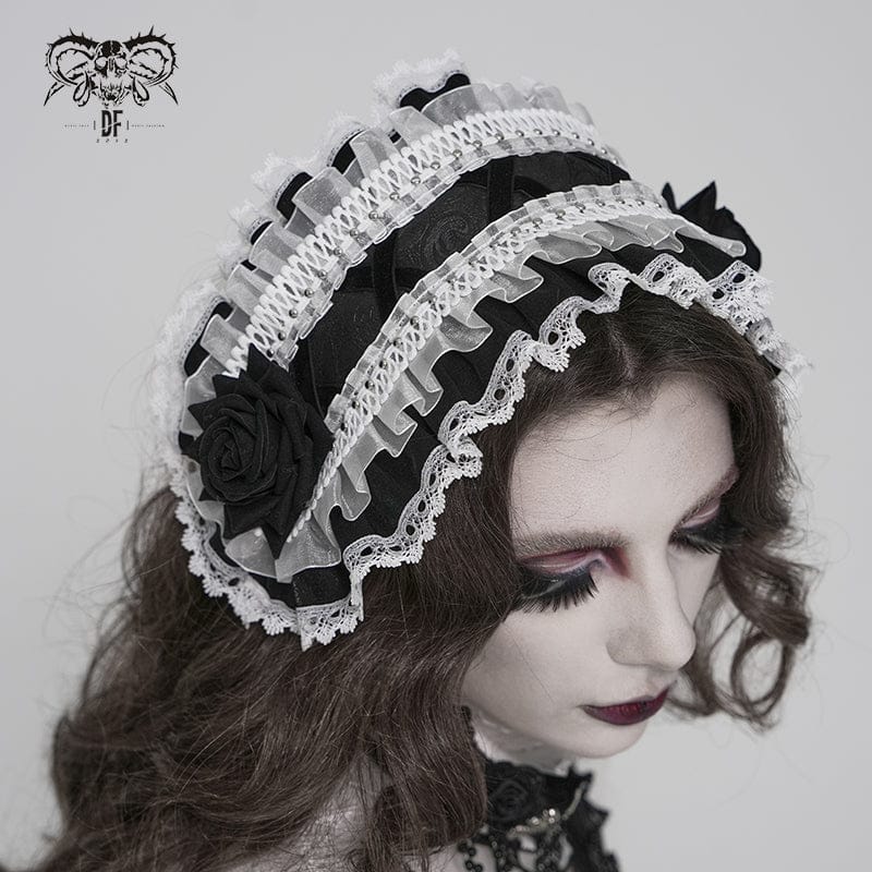 DEVIL FASHION Women's Gothic Rose Lace Ruffled Headwear Black-White