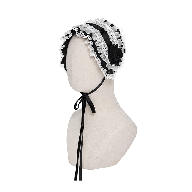 DEVIL FASHION Women's Gothic Rose Lace Ruffled Headwear Black-White