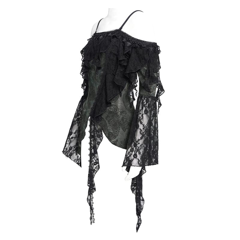 DEVIL FASHION Women's Gothic Ruffle Irregular Off Shoulder Slip Shirt