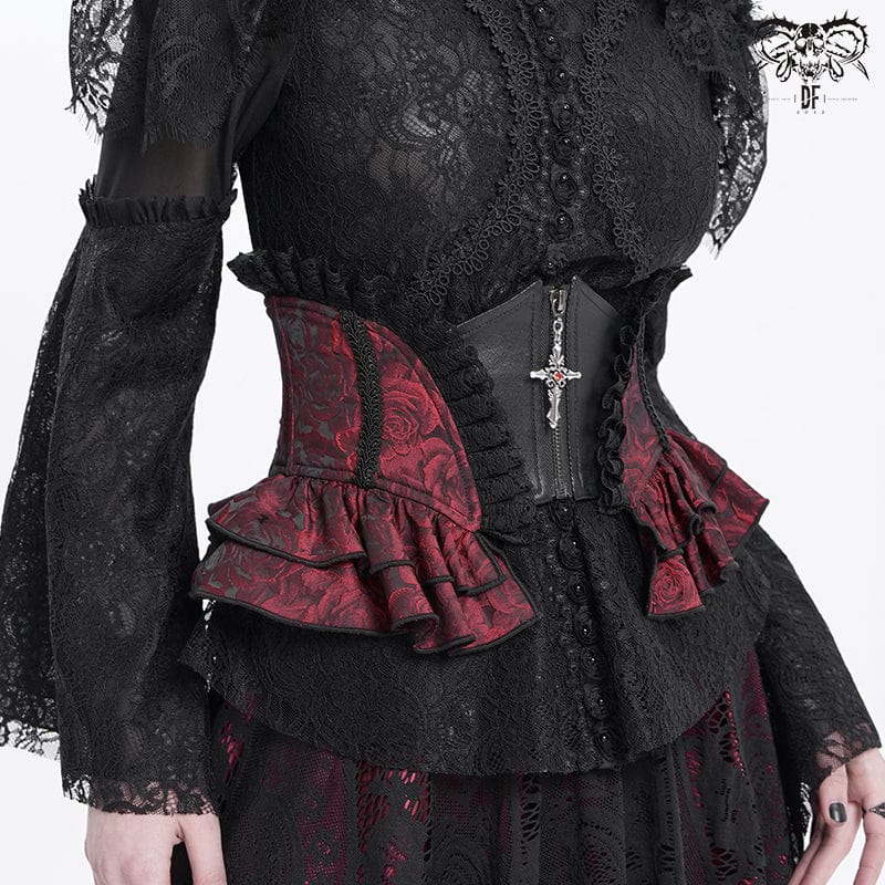 DEVIL FASHION Women's Gothic Ruffled Lace Splice Underbust Corset Red