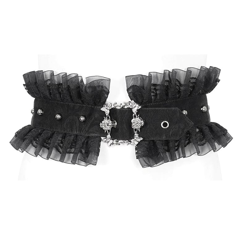 DEVIL FASHION Women's Gothic Ruffled Mesh Splice Faux Leather Belt