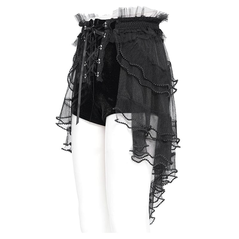 DEVIL FASHION Women's Gothic Ruffled Mesh Splice Lace-up Shorts