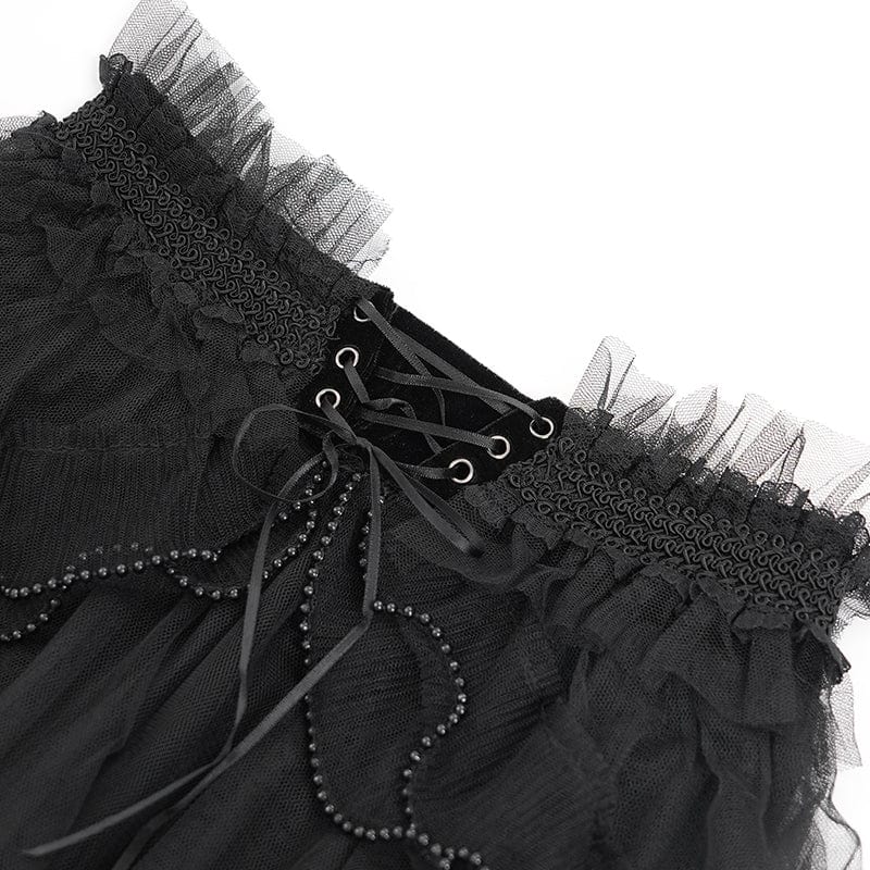 DEVIL FASHION Women's Gothic Ruffled Mesh Splice Lace-up Shorts