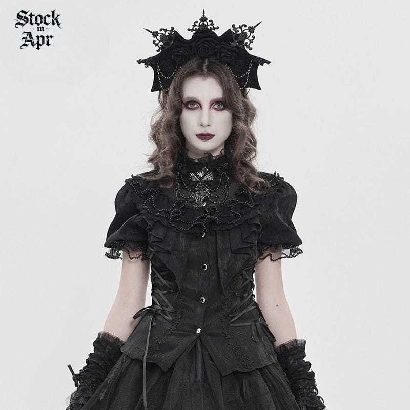 DEVIL FASHION Women's Gothic Ruffled Stand Collar Puff Short Sleeved Shirt Black