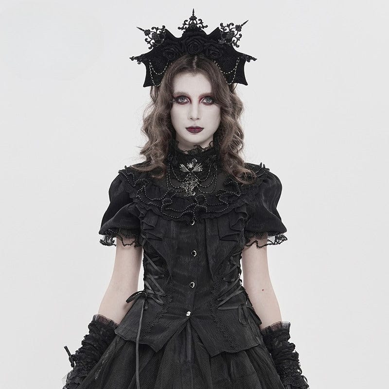 DEVIL FASHION Women's Gothic Ruffled Stand Collar Puff Short Sleeved Shirt Black