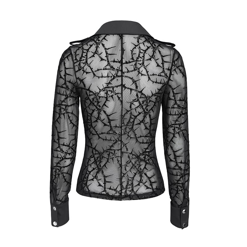 DEVIL FASHION Women's Gothic Sheer Thorny Vine Print Bat Wing Collar Long Sleeve Shirt