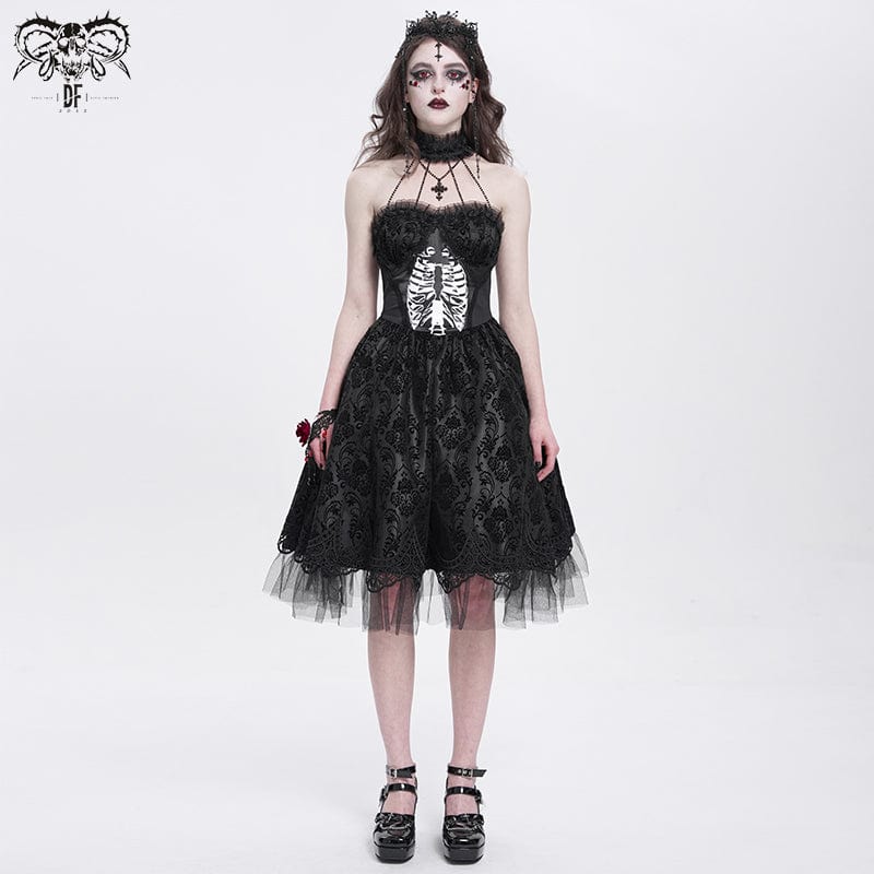 DEVIL FASHION Women's Gothic Skeleton Printed Lace Splice Halterneck Witch Dress Black