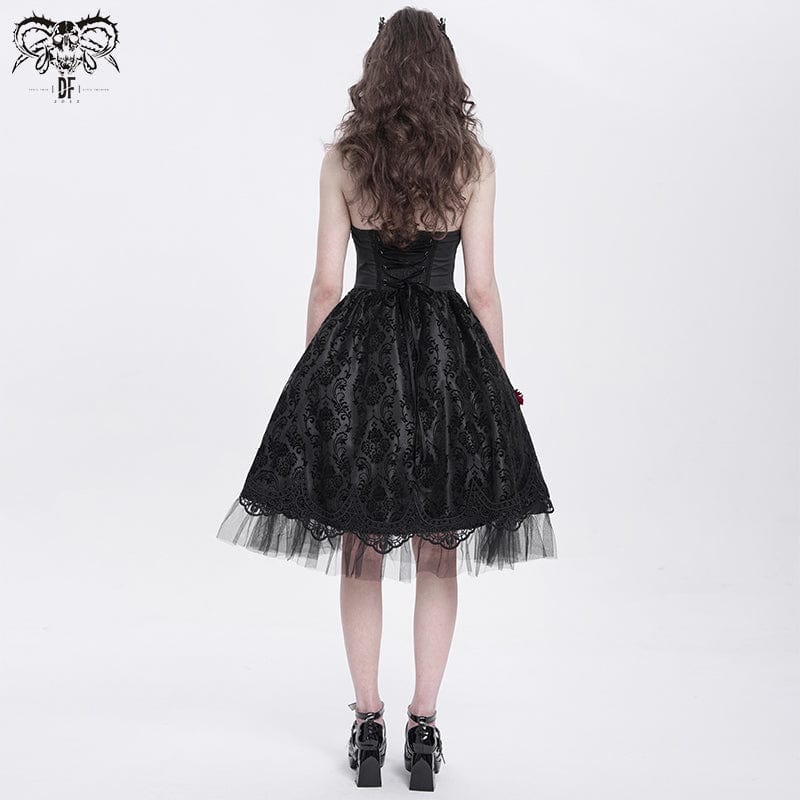DEVIL FASHION Women's Gothic Skeleton Printed Lace Splice Halterneck Witch Dress Black