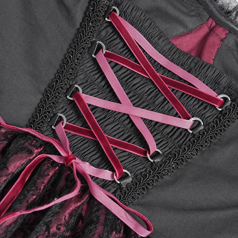 DEVIL FASHION Women's Gothic Skeleton Printed Lace Splice Halterneck Witch Dress Red