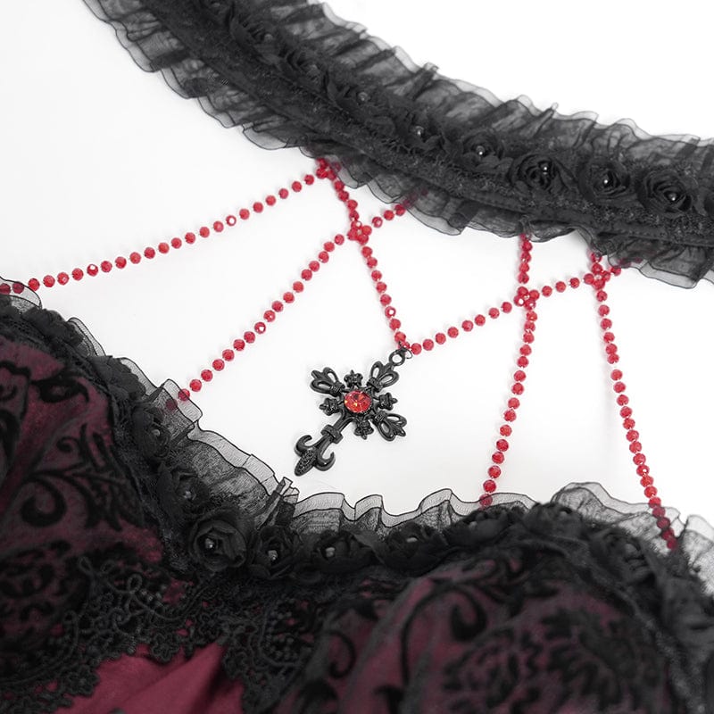 DEVIL FASHION Women's Gothic Skeleton Printed Lace Splice Halterneck Witch Dress Red