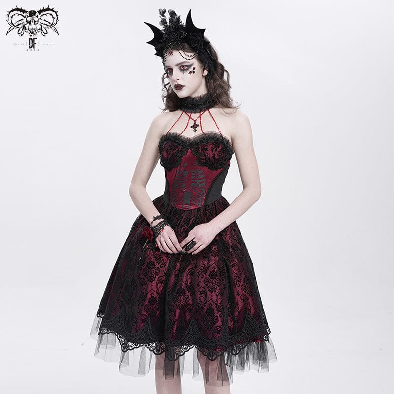 DEVIL FASHION Women's Gothic Skeleton Printed Lace Splice Halterneck Witch Dress Red