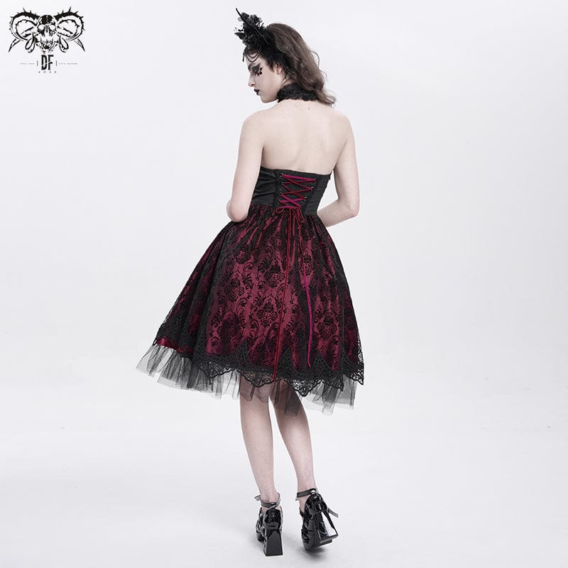DEVIL FASHION Women's Gothic Skeleton Printed Lace Splice Halterneck Witch Dress Red