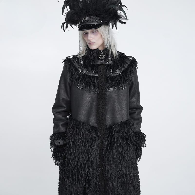 DEVIL FASHION Women's Gothic Spiked Faux Fur Panel Spliced Long Coat