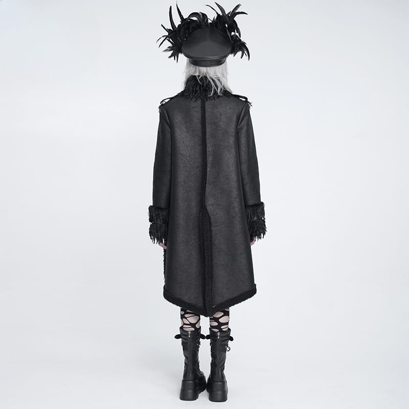 DEVIL FASHION Women's Gothic Spiked Faux Fur Panel Spliced Long Coat