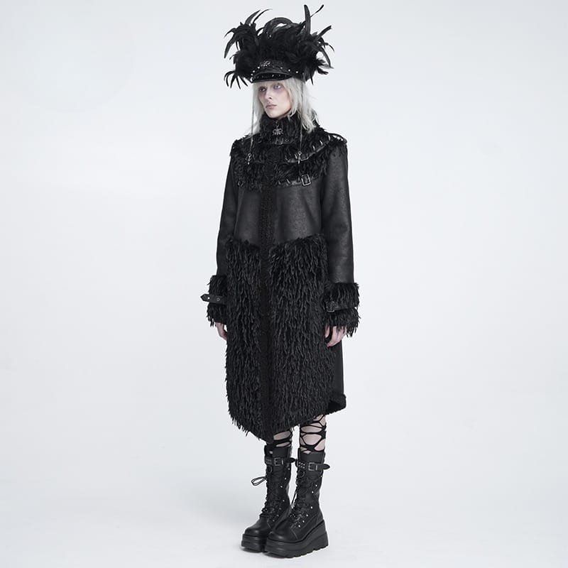 DEVIL FASHION Women's Gothic Spiked Faux Fur Panel Spliced Long Coat