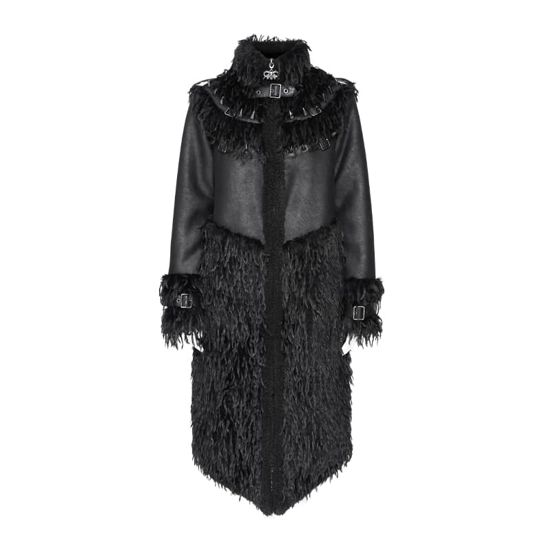 DEVIL FASHION Women's Gothic Spiked Faux Fur Panel Spliced Long Coat