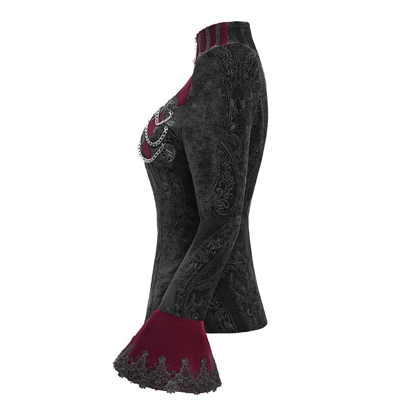 DEVIL FASHION Women's Gothic Stand Collar Flared Sleeved Jacket Red