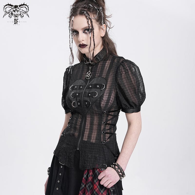 DEVIL FASHION Women's Gothic Stand Collar Puff Sleeved Sheer Shirt